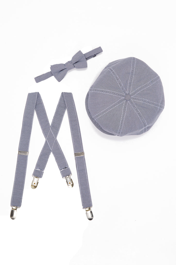 Grey Suspenders, Bow Tie and Newsboy Cap 3 Piece Set