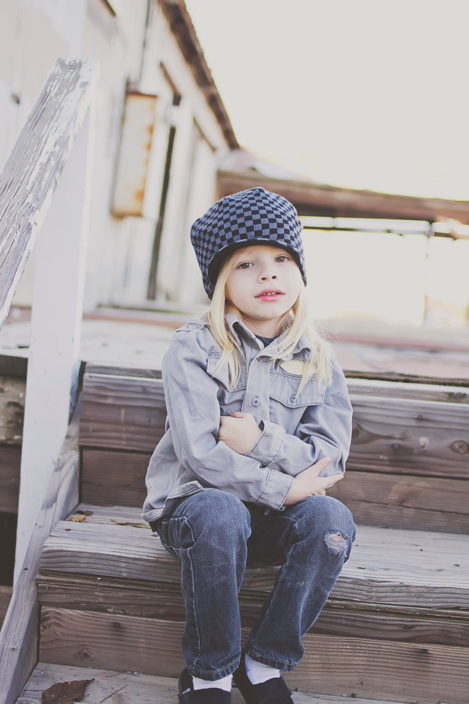 Black and Gray Checkered Visor Beanie Baby Hat