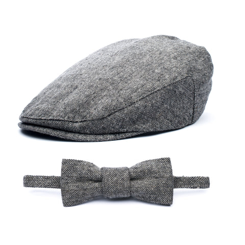 Grey Herringbone 2 Piece Bow Tie and Newsboy Hat Ring Bearer Special Occasion