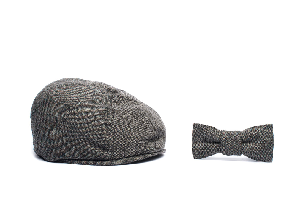 Grey Herringbone 2 Piece Bow Tie and Newsboy Hat Ring Bearer Special Occasion