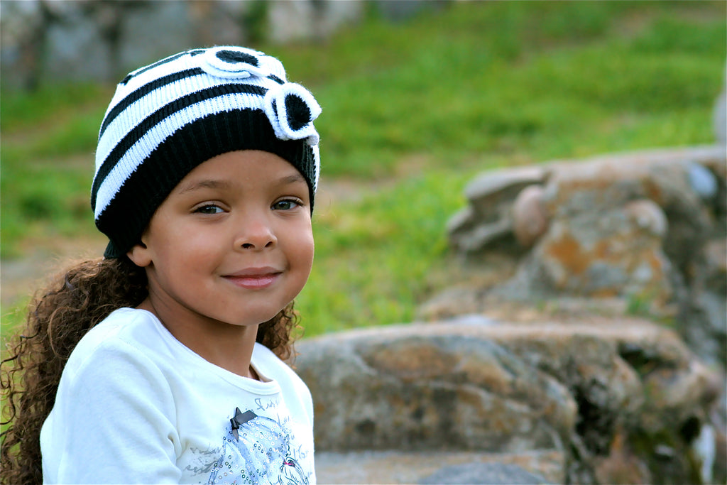 Girl's Stripe Beanie With Flowers