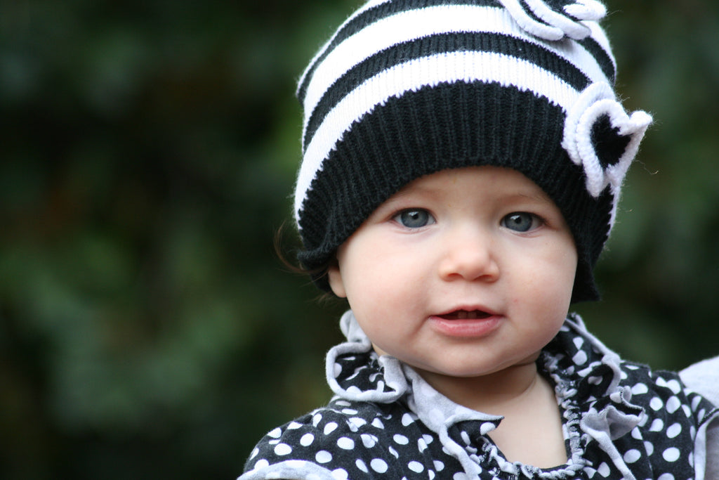 Girl's Stripe Beanie With Flowers