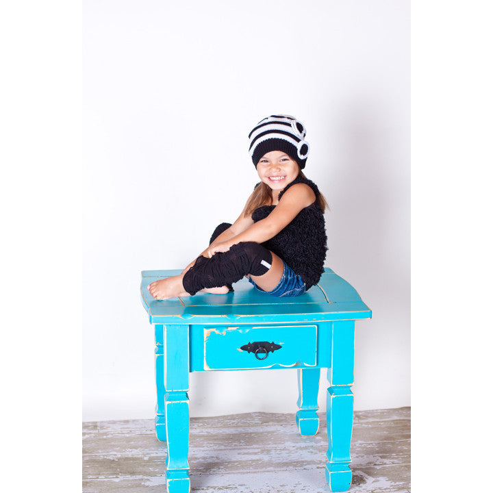 Black and White Stripe Beanie with Flowers