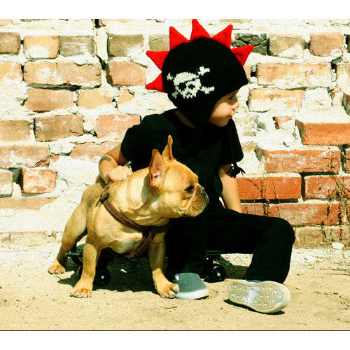 Black Mohawk Hat with Red Spikes and Skull